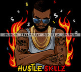 African American Man Wearing Sunglass Fire On Back Side Black Background Dollar Symbol Dripping Design Element SVG JPG PNG Vector Clipart Cricut Cutting Files
