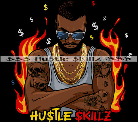 African American Man Wearing Sunglass Fire On Back Side Black Background Dollar Symbol Dripping Design Element SVG JPG PNG Vector Clipart Cricut Cutting Files