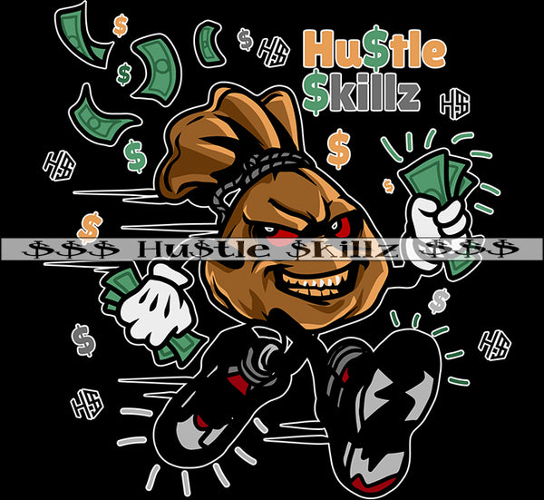 Money Bag Cartoon Character Running Holding Cash Sign Hustle Hustle Skills Hustling Hustler Smile Face Red Eyes Design Element Black Background SVG JPG PNG Vector Clipart Cricut Cutting Files