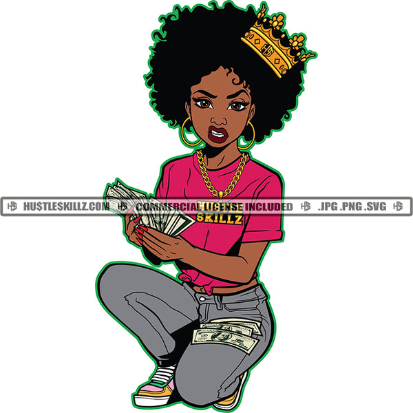 Hustler Afro Queen Counting Money Stacks Grinding Bragging Grind Lola Melanin Woman Angry Face Crown On Head Design Element Holding Money SVG JPG PNG Vector Clipart Cricut Cutting Files