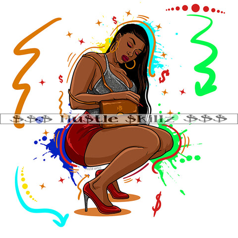 African American Black Woman Sitting Sexy Pose Vector Wearing High Hill Design Element Symbol Artwork White Background Long Hair Style SVG JPG PNG Vector Clipart Cricut Cutting Files