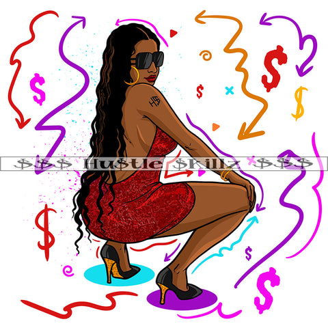 Beautiful African Woman Sitting Sexy Pose Wearing Sunglasses Vector Curly Long Hair Style White Background Symbol Artwork Bikini Dress SVG JPG PNG Vector Clipart Cricut Cutting Files