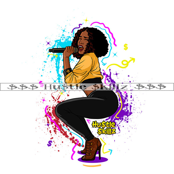 Beautiful African Woman Holding Microphone Vector Sitting Sexy Pose Symbol Color Dripping Design Element SVG JPG PNG Vector Clipart Cricut Cutting Files