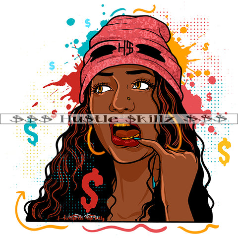 African Woman Bite Finger Golden Teeth Vector Wearing Cap Design Element Curly Long Hair Style Color Dripping White Background SVG JPG PNG Vector Clipart Cricut Cutting Files