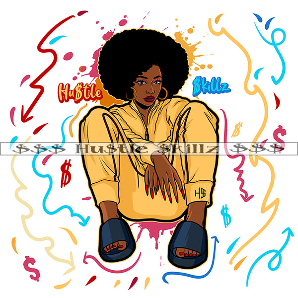 African American Woman Sitting Sexy Pose Vector Afro Hair Style Wearing Yellow Color Jacket Design Element Background Symbol Art Work SVG JPG PNG Vector Clipart Cricut Cutting Files