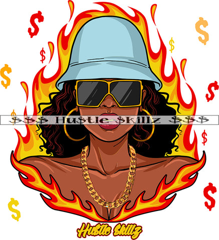 African American Woman Wearing Hat And Sunglass Design Element Fire Background Dollar Symbol Art Work Boom Ear Ring Design SVG JPG PNG Vector Clipart Cricut Cutting Files