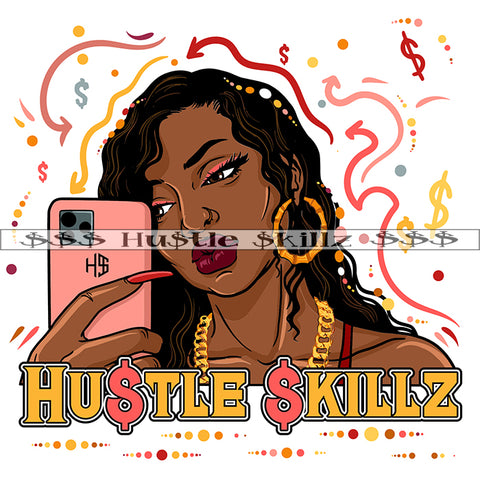 African Woman Holding Phone Black Queen Long Nail Design Element Curly Hair Style Symbol Art Work White Background Boom Ear Ring