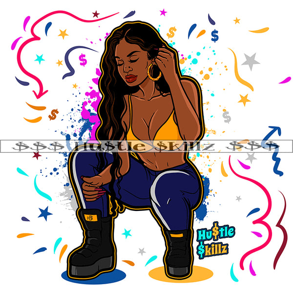 African Woman Sitting Sexy Pose Wearing Bikini Curly Long Hair Style Design Element Vector Close Eye Girl Symbol Background SVG JPG PNG Vector Clipart Cricut Cutting Files