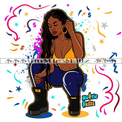 African Woman Sitting Sexy Pose Wearing Bikini Curly Long Hair Style Design Element Vector Close Eye Girl Symbol Background SVG JPG PNG Vector Clipart Cricut Cutting Files
