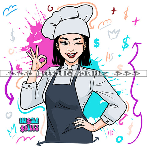 Beautiful African American Chef Woman Body Design Element Wearing Chef Hat Smile Face Ok Hand Sign Background Symbol Art Work SVG JPG PNG Vector Clipart Cricut Cutting Files