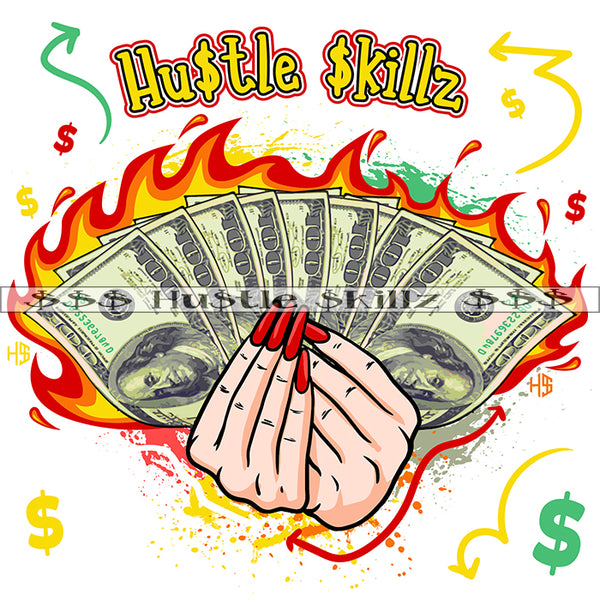 Woman Hand Holding Cash Note Vector Fire On Bank Note Color Design Element Symbol Artwork White Background Dollar Sign SVG JPG PNG Vector Clipart Cricut Cutting Files