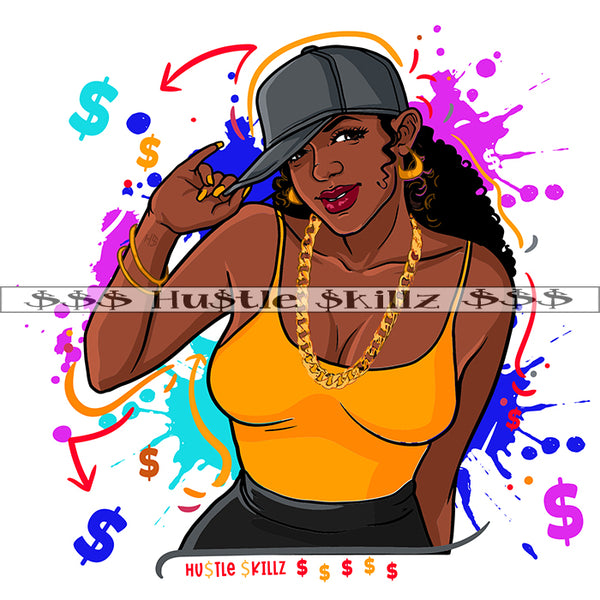 African American Woman Hand Holding Cap Vector Curly Long Hair Style Design Element Symbol Art Work Color Dripping Design Element SVG JPG PNG Vector Clipart Cricut Cutting Files