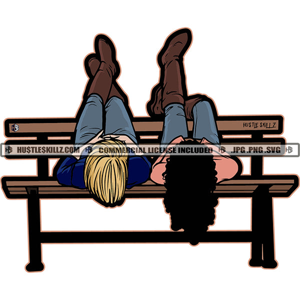 Best Friends Laying Park Bench Blonde Hair Black Hair Blue Jeans Brown Boots Design Element White Background Best Moment SVG JPG PNG Vector Clipart Cricut Cutting Files