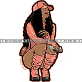 Sexy African American Woman Sitting Pose Vector Girls Hand Holding Money Wearing Cap Curly Hair Style Smile Face White Background SVG JPG PNG Vector Clipart Cricut Cutting Files