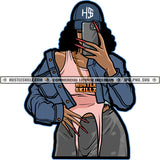 African American Woman Stand And Holding Phone Curly Long Hair Style Long Nail Woman Wearing Cap SVG JPG PNG Vector Clipart Cricut Cutting Files