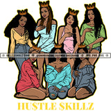 Black Queens Squad Friend Vector Crown On Head Curly Hair Style Girl Standing And Sitting Pose Cute And Smile Face White Background SVG JPG PNG Vector Clipart Cricut Cutting Files