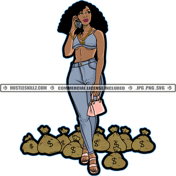 African American Woman Standing And Talking Phone Afro Pump Hair Style Holding Hand Bag Lot Of Money Bag On Floor SVG JPG PNG Vector Clipart Cricut Cutting Files