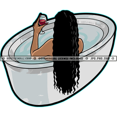 Black Queen Sitting In Bathtub With A Drink Wine Water Bathing Washing Wash Hand Holding Bear Glass Curly Long Hair Style Design Element SVG JPG PNG Vector Clipart Cricut Cutting Files