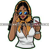 African American Woman Wearing Sunglass Scarf On Head Curly Long Hair Style Vector Afro Woman Holding Bear Glass Sexy Body Long Nail White Background SVG JPG PNG Vector Clipart Cricut Cutting Files