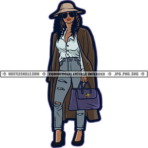 African American Gangster Woman Standing Wearing Hat And Sunglasses Curly Long Hair Design Element Hand Holding Bag White Background SVG JPG PNG Vector Clipart Cricut Cutting Files