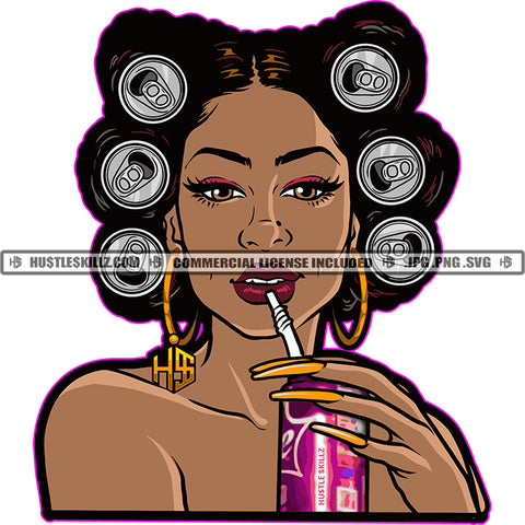 African American Woman Hand Holding Can Bottle And Afro Hair Style Design Can Bottle Style Vector Black Beauty Smile Face White Background SVG JPG PNG Vector Clipart Cricut Cutting Files