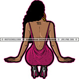 Black Queen Purple Mauve Dress Open Back Sitting Gray Heels Stacks of Cash Curly Long Hair White Background Design Element SVG JPG PNG Vector Clipart Cricut Cutting Files