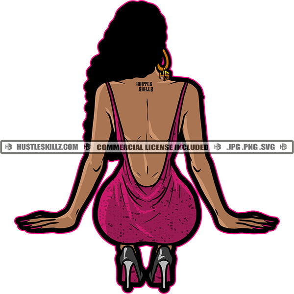 Black Queen Purple Mauve Dress Open Back Sitting Gray Heels Stacks of Cash Curly Long Hair White Background Design Element SVG JPG PNG Vector Clipart Cricut Cutting Files
