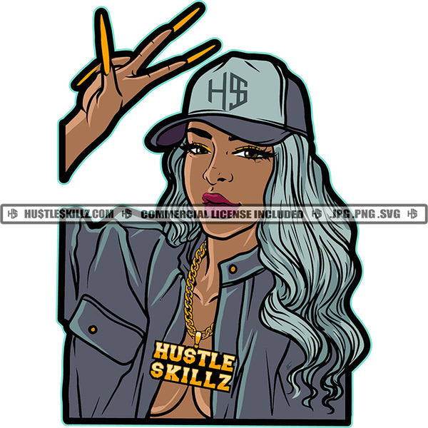 Black Queen Wearing In Jean Jacket Matching Baseball Cap Holding Up Signs Fingers Hustle Girl Sexy Pose White Background SVG JPG PNG Vector Clipart Cricut Cutting Files