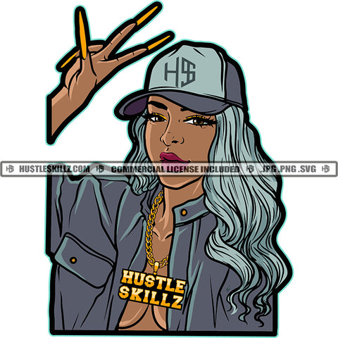 Black Queen Wearing In Jean Jacket Matching Baseball Cap Holding Up Signs Fingers Hustle Girl Sexy Pose White Background SVG JPG PNG Vector Clipart Cricut Cutting Files