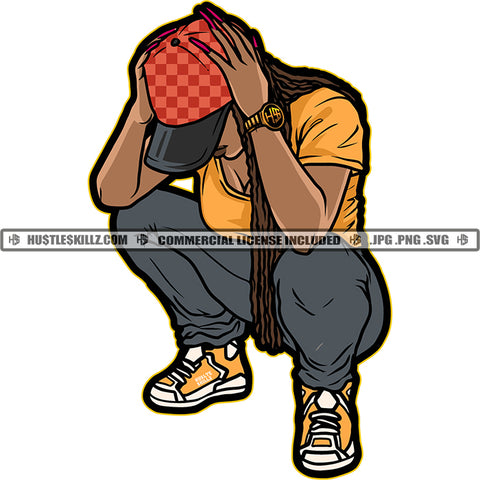 African American Woman Sitting Pose Vector Wearing Cap Design Element Afro Girl Hand Holding Cap White Background SVG JPG PNG Vector Clipart Cricut Cutting Files