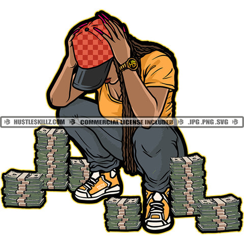African American Woman Sitting Pose Lot Of Money Bundle On Floor Vector Wearing Cap Design Element Afro Girl Hand Holding Cap White Background SVG JPG PNG Vector Clipart Cricut Cutting Files