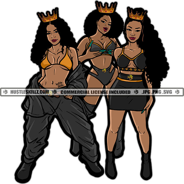 Black Beautiful Woman Standing African American Woman Wearing Crown On Head Curly Long Hair Style White Background Wearing Bikini SVG JPG PNG Vector Clipart Cricut Cutting Files