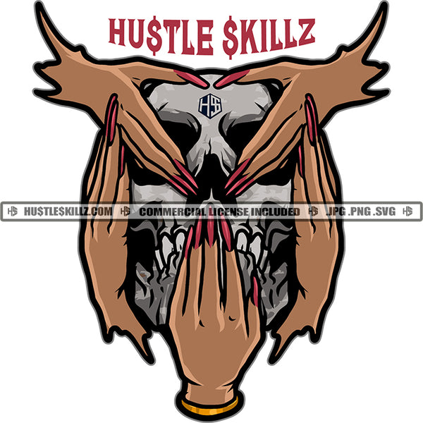 Skull Skeleton Head See No Evil Hear No Evil Speak No Evil Skull Hands Savage Woman Hand Design Element Long Nail White Background SVG JPG PNG Vector Clipart Cricut Cutting Files