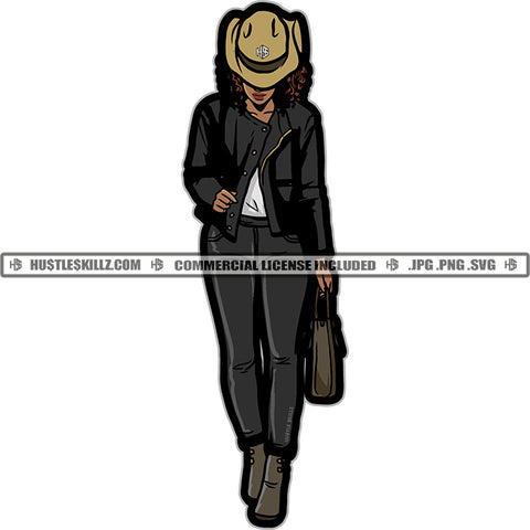 African American Gangster Woman Standing Wearing Hat And Sunglasses Hide Face Curly Long Hair Design Element Hand Holding Bag White Background SVG JPG PNG Vector Clipart Cricut Cutting Files