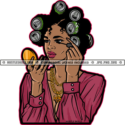 Black Woman Putting On Makeup Cans for Rollers Mirror Eye Shadow Pink Mauve White Background Beauty Woman Model Design Element SVG JPG PNG Vector Clipart Cricut Cutting Files