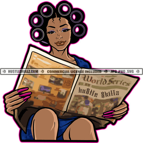 Black Woman Sitting Reading Newspaper Rollers In Hair Blue Robe World Series White Background Design Element SVG JPG PNG Vector Clipart Cricut Cutting Files