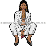 Afro Woman Sitting Sexy Pose Wearing White Color Coat Curly Hair Style Vector Woman Hand Long Nail White Background SVG JPG PNG Vector Clipart Cricut Cutting Files