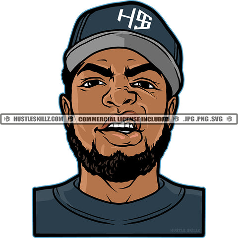 Black Man Gray Wearing Baseball Cap Shirt Bearded Snarling Mouth Gangster Ghetto Design Element White Background SVG JPG PNG Vector Clipart Cricut Cutting Files