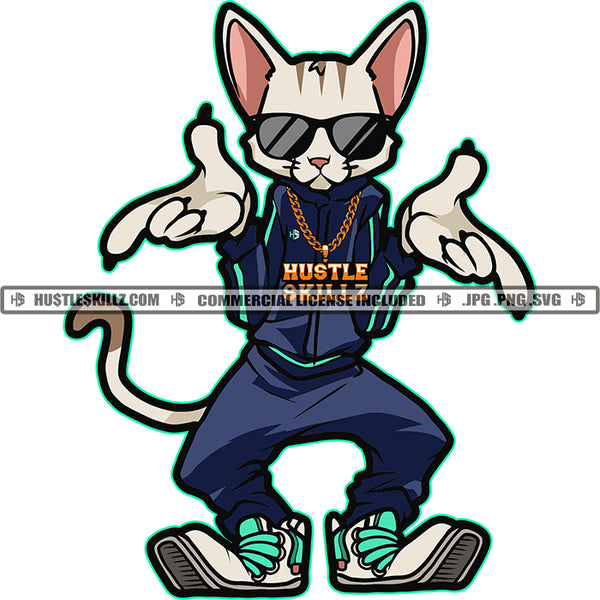 Gangster Scarface Cat Wearing Sunglasses Vector Cat Standing Design Element White Background Vector Hip Hop Dress Swag Hand Pose SVG JPG PNG Vector Clipart Cricut Cutting Files