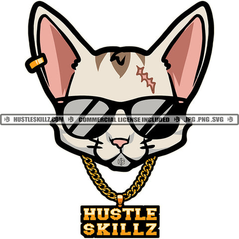Gangster Scarface Cat Wearing Sunglasses And Gold Chain Design Element White Background Ear Ring Smile Face SVG JPG PNG Vector Clipart Cricut Cutting Files