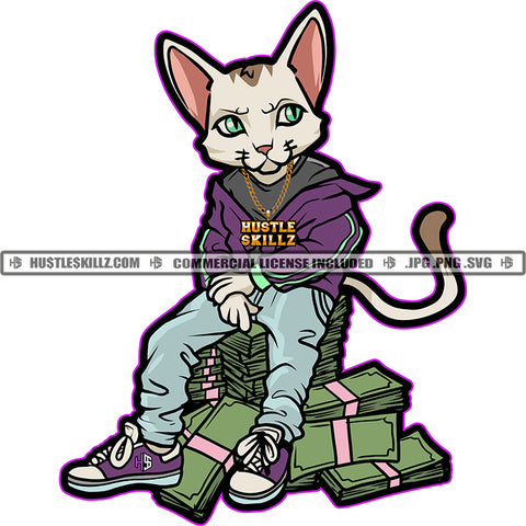 Gangster Scarface Cat Sitting On Money Bundle Vector Lot Of Money Bundle On Floor White Background Wearing Jacket SVG JPG PNG Vector Clipart Cricut Cutting Files