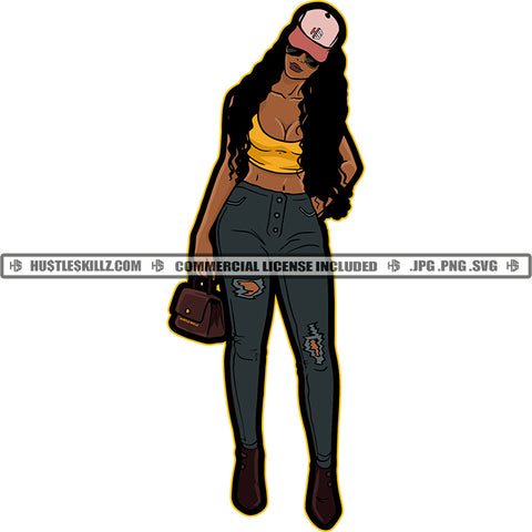 African American Sexy Woman Curly Long Hair Style Wearing Hat Vector Hand Holding Bag White Background Girl Standing SVG JPG PNG Vector Clipart Cricut Cutting Files