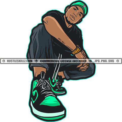 African American Man Sitting Pose Hip Hop Boys Wearing Cap Vector Design Element White Background Artwork SVG JPG PNG Vector Clipart Cricut Cutting Files