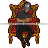 Young Black Man Sitting Kings Chair Wearing Gray Cap Shirt and Pants Cartoon White Background Design Element Swag Boys SVG JPG PNG Vector Clipart Cricut Cutting Files