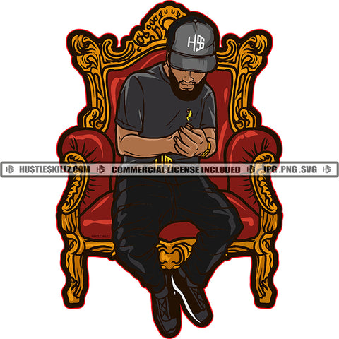 Young Black Man Sitting Kings Chair Wearing Gray Cap Shirt and Pants Cartoon White Background Design Element Swag Boys SVG JPG PNG Vector Clipart Cricut Cutting Files