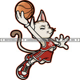 Cool Cat Wearing Red Basketball Uniform Taking A Jump Shot White Cat Cartoon Character Smile Face Cat Vector White Background SVG JPG PNG Vector Clipart Cricut Cutting Files