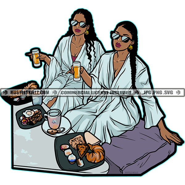 Luxury Breakfast Wealth Woman Sitting Design Element Both Wearing Sunglasses And Holding Juice Glass White Background SVG JPG PNG Vector Clipart Cricut Cutting Files