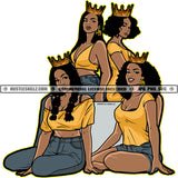 Four Black Queens Gold Crown On Head Gold Top Blue Jeans Shorts Posing Friend Design Element Sitting And Standing White Background SVG JPG PNG Vector Clipart Cricut Cutting Files