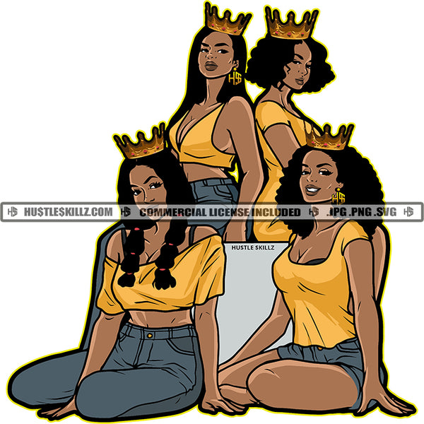 Four Black Queens Gold Crown On Head Gold Top Blue Jeans Shorts Posing Friend Design Element Sitting And Standing White Background SVG JPG PNG Vector Clipart Cricut Cutting Files