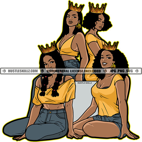 Four Black Queens Gold Crown On Head Gold Top Blue Jeans Shorts Posing Friend Design Element Sitting And Standing White Background SVG JPG PNG Vector Clipart Cricut Cutting Files